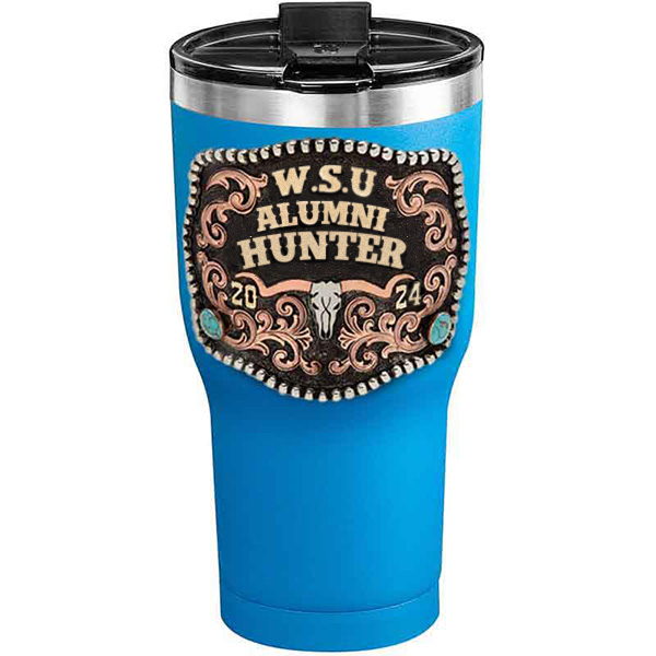 A customized tumbler made of stainless steel with a personalized engraved initials and Alumni Hunter lettering, 30 oz, ideal for coffee or cool drinks